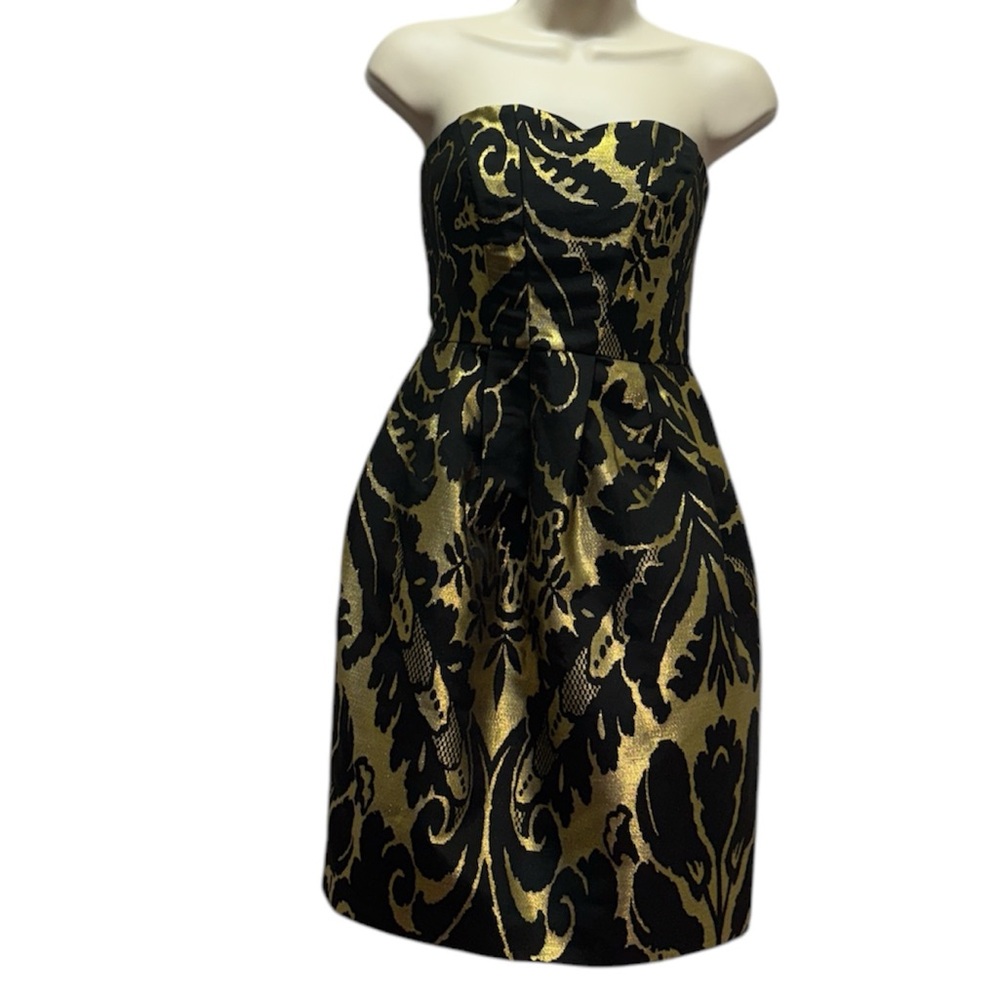 H&M Women's Elegant Strapless Sweetheart Black/Gold Cocktail Mini Dress Size 6